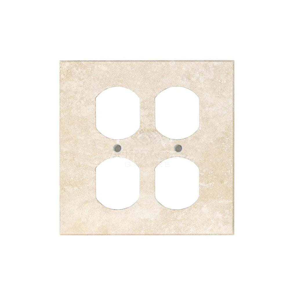 SurfacesGalore's Ivory Light Travertine Double DUPLEX Switch Wall Plate adds an elegant touch to your home decor with its sophisticated appearance and dual openings for electrical outlets.