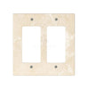 An Ivory (Light) Travertine Double ROCKER Switch Wall Plate/Cover Plate/Switch Plate, crafted by SurfacesGalore, features two rectangular openings and four screw holes, making it perfect for luxury home decor.