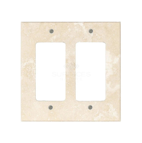 An Ivory (Light) Travertine Double ROCKER Switch Wall Plate/Cover Plate/Switch Plate, crafted by SurfacesGalore, features two rectangular openings and four screw holes, making it perfect for luxury home decor.