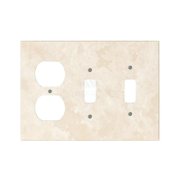 SurfacesGalore's Ivory (Light) Travertine Double TOGGLE - DUPLEX Switch Wall Plate, crafted from natural stone, features two outlet holes and one switch cutout. This elegant addition brings a touch of sophistication to any room.