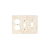 The Ivory (Light) Travertine Double TOGGLE - DUPLEX Switch Wall Plate/Cover Plate/Switch Plate by SurfacesGalore features two outlet openings on the left and one switch opening on the right, seamlessly blending functionality with elegance.