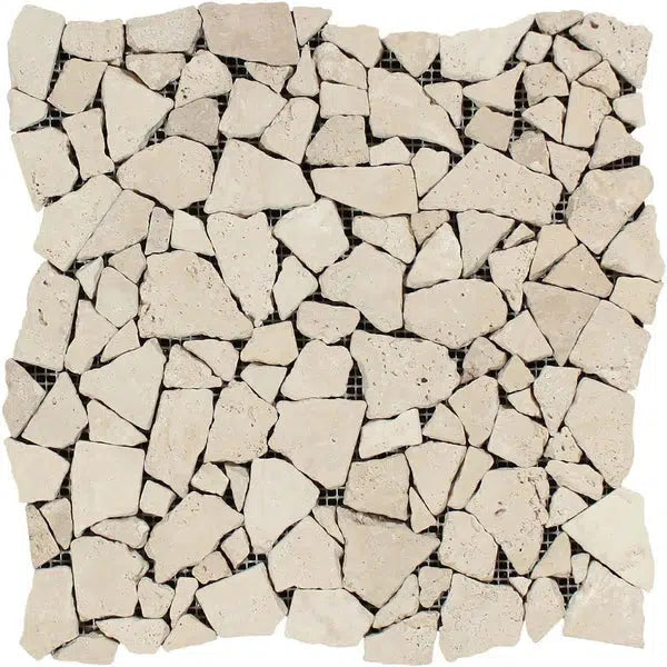 A square tile called the Ivory (Light) Travertine Flat Pebble / Paledian (Random Broken) Mosaic Tumbled from SurfacesGalore features irregularly shaped beige and light brown stones. These stones are loosely arranged with small gaps between them, forming a beautiful mosaic pattern. With a light background and an overall rough, natural texture, it’s perfect for adding the charming appeal of Premium Light Travertine to any space.