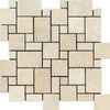 A mosaic tile pattern comprised of the SurfacesGalore Ivory (Light) Travertine Micro-Pattern (Mini-Versailles) Tumbled, featuring beige and ivory travertine tiles in off-white rectangular and square shapes of various sizes. These tiles are arranged in a repeating, interlocking design that creates a geometric and textured surface.