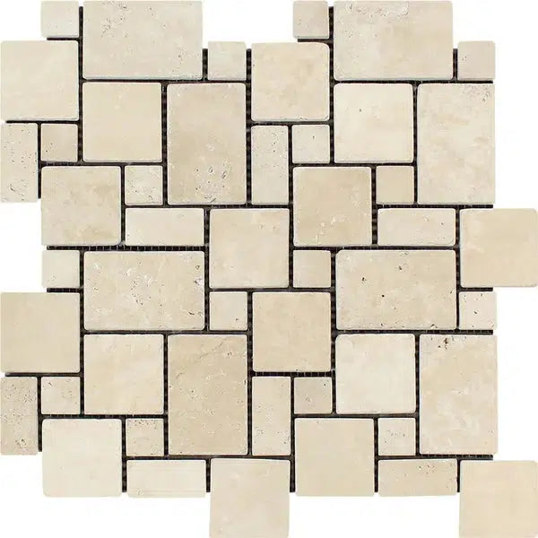 A mosaic tile pattern comprised of the SurfacesGalore Ivory (Light) Travertine Micro-Pattern (Mini-Versailles) Tumbled, featuring beige and ivory travertine tiles in off-white rectangular and square shapes of various sizes. These tiles are arranged in a repeating, interlocking design that creates a geometric and textured surface.