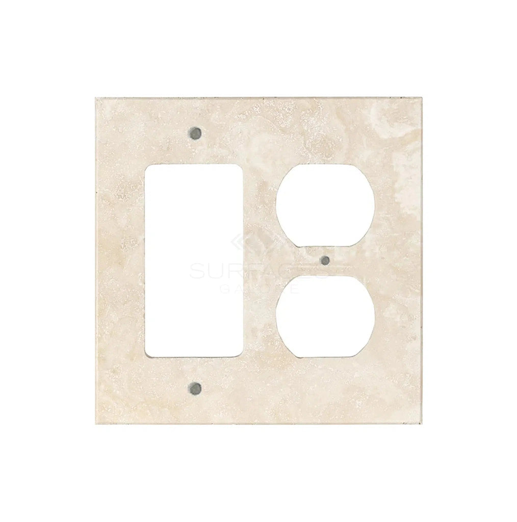 Ivory (Light) Travertine ROCKER - DUPLEX Switch Wall Plate/Cover Plate/Switch Plate by SurfacesGalore, featuring one rectangular and two circular openings designed for outlets and switches, crafted to mimic authentic marble.