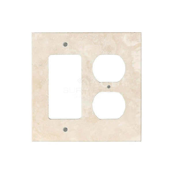 Ivory (Light) Travertine ROCKER - DUPLEX Switch Wall Plate/Cover Plate/Switch Plate by SurfacesGalore, featuring one rectangular and two circular openings designed for outlets and switches, crafted to mimic authentic marble.