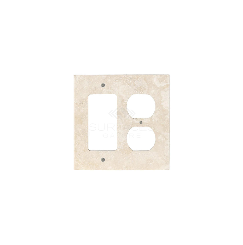 Ivory (Light) Travertine ROCKER - DUPLEX Switch Wall Plate/Cover Plate/Switch Plate by SurfacesGalore, featuring one rectangular and two circular cutouts, resembles authentic marble.