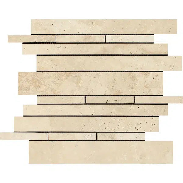 The SurfacesGalore Ivory (Light) Travertine Random Strip Mosaic Filled and Honed features horizontal stones of varying lengths in beige and light brown tones, including the signature Ivory Travertine. This mosaic tile design includes narrow and wider tiles that form an irregular, staggered pattern. Each tile has smooth surfaces with varying degrees of texture.