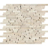 The SurfacesGalore Ivory (Light) Travertine Random Strip Mosaic Tumbled tile sheet features staggered rectangular beige stones of varying lengths. These tiles have a natural, textured appearance, creating a pattern with both horizontal and vertical alignments.