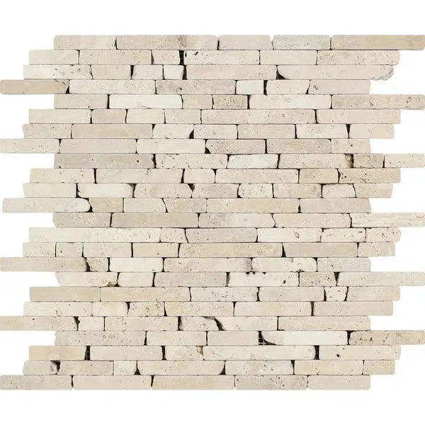 The SurfacesGalore Ivory (Light) Travertine Random Strip Mosaic Tumbled tile sheet features staggered rectangular beige stones of varying lengths. These tiles have a natural, textured appearance, creating a pattern with both horizontal and vertical alignments.