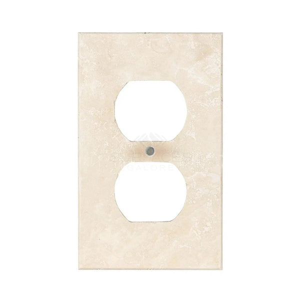 The Ivory (Light) Travertine Single DUPLEX Plate Switch Wall Plate/Cover Plate/Switch Plate by SurfacesGalore is designed to resemble authentic marble switch plate covers, featuring two circular openings for electrical sockets.