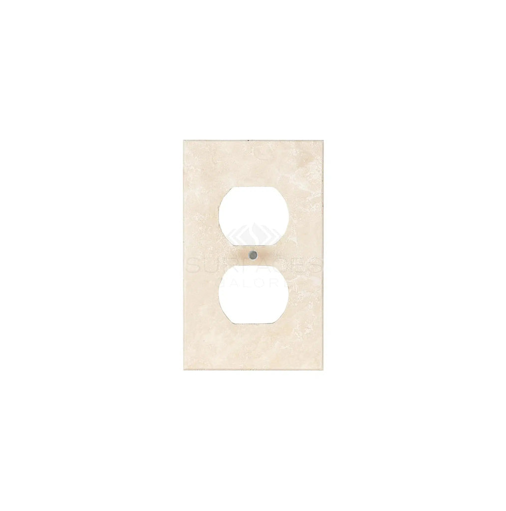 An Ivory (Light) Travertine Single DUPLEX Plate from SurfacesGalore, designed to resemble authentic marble switch plate covers for a natural stone aesthetic, with two vertical socket openings.