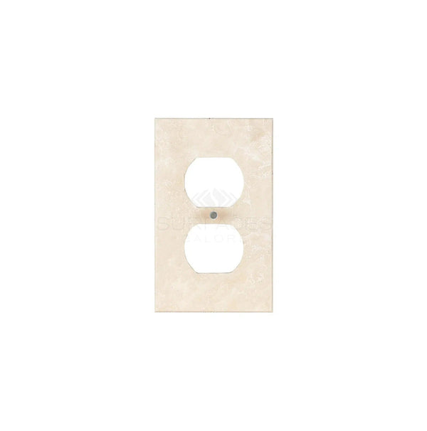 An Ivory (Light) Travertine Single DUPLEX Plate from SurfacesGalore, designed to resemble authentic marble switch plate covers for a natural stone aesthetic, with two vertical socket openings.