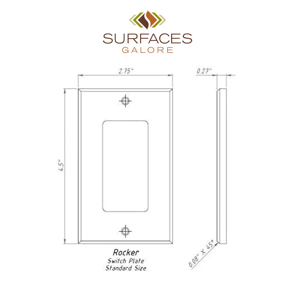 A detailed technical drawing of an Ivory (Light) Travertine Single ROCKER Plate Switch Wall Plate, featuring precise dimensions and branded "SurfacesGalore" at the top. This elegant switch plate, crafted from natural stone, adds a touch of sophistication to any setting.