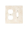 An Ivory (Light) Travertine TOGGLE - DUPLEX Switch Wall Plate from SurfacesGalore, featuring two outlet openings and one switch opening, reflecting the elegance of authentic marble wall plates, against a plain background.