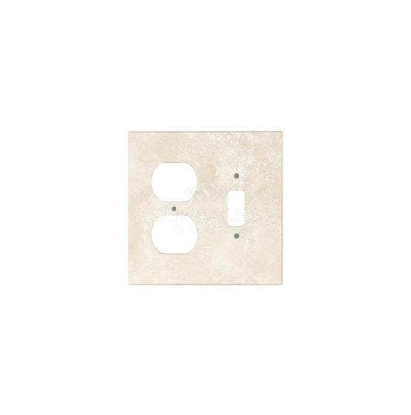 Introducing the Ivory (Light) Travertine TOGGLE - DUPLEX Switch Wall Plate from SurfacesGalore, featuring two socket openings and one switch opening with stunning natural stone variations on an ivory background.