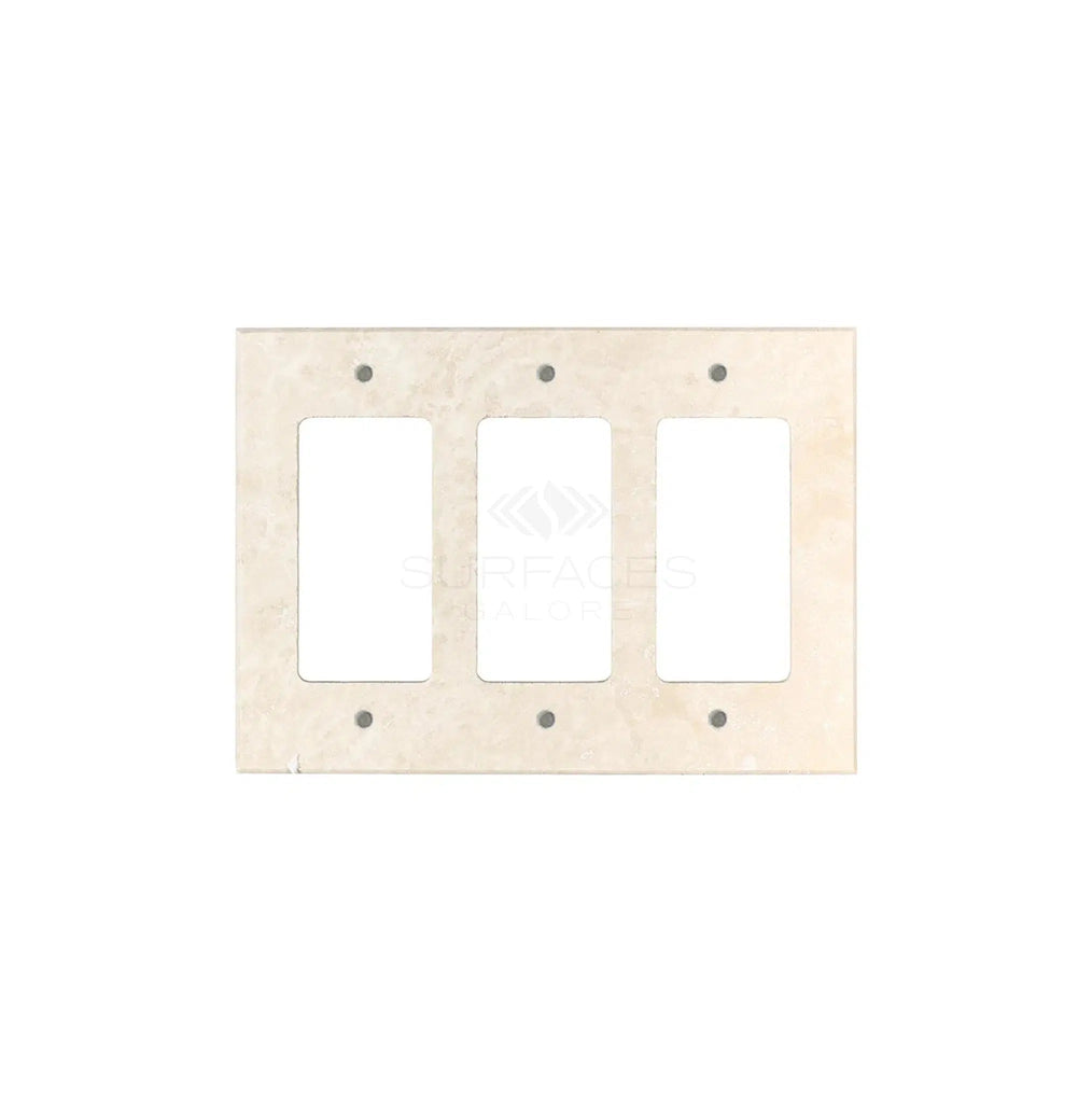 SurfacesGalore Ivory (Light) Travertine Triple ROCKER Switch Wall Plate with visible screw holes.