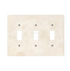 The Rectangular stone faceplate from SurfacesGalore features slots for three light switches and six surrounding screw holes, displayed against a white background, highlighting the authentic marble appearance and natural stone variations of the Ivory (Light) Travertine Triple TOGGLE Switch Wall Plate/Cover Plate/Switch Plate.