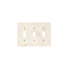 The Ivory (Light) Travertine Triple TOGGLE Switch Wall Plate from SurfacesGalore features three rectangular cutouts for switches and six screw holes, showcasing authentic marble with natural stone variations.