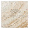 A square piece of La Travonya Travertine 12X12 Filled and Honed tile featuring a blend of cream, beige, and light brown veins. The tile showcases a textured, natural stone appearance with inherent elegance. The text "SurfacesGalore" along with the logo is centered on the image.