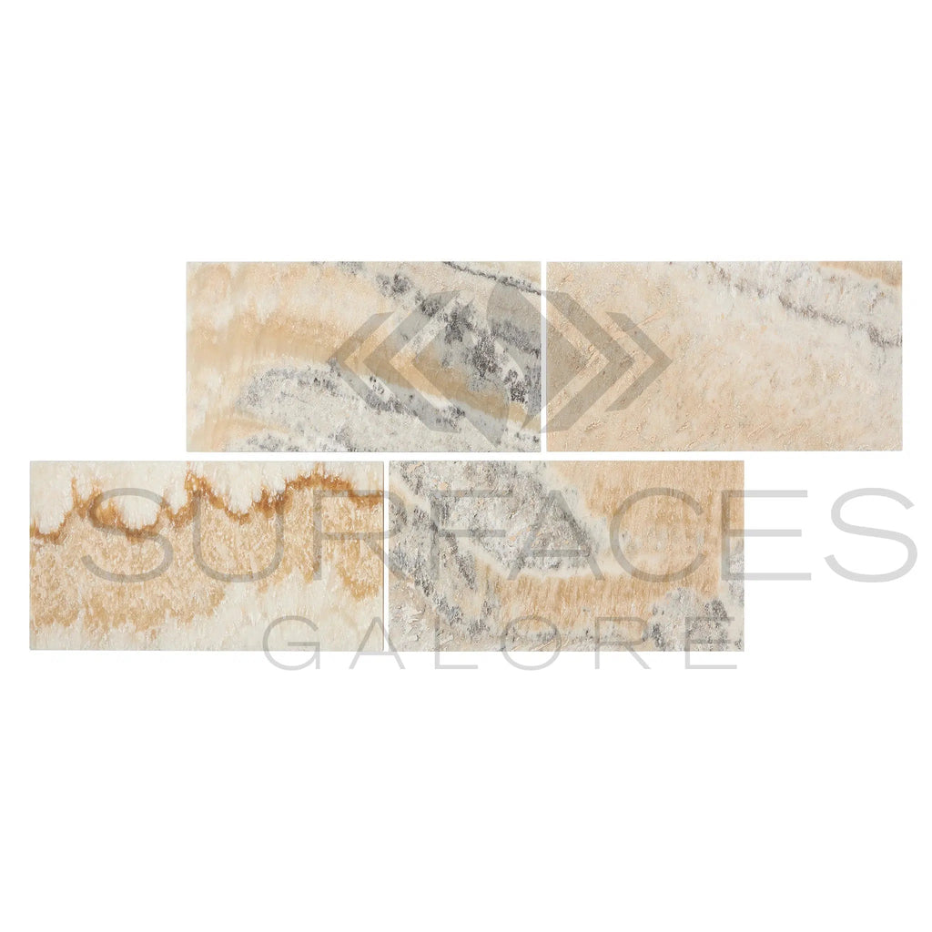 A collage of five rectangular tiles featuring the natural elegance of La Travonya Travertine 12X24 Filled and Honed in shades of beige, cream, and gray. The tiles are arranged in different orientations, with the "SurfacesGalore" logo subtly overlaid in transparent text in the background.