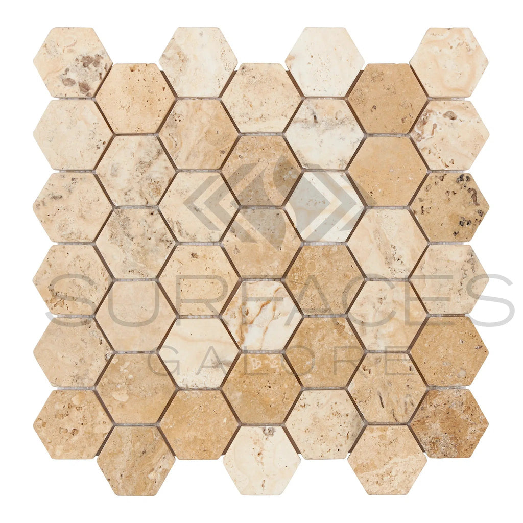 La Travonya Travertine 2X2 Hexagon Mosaic Filled and Honed - SurfacesGalore