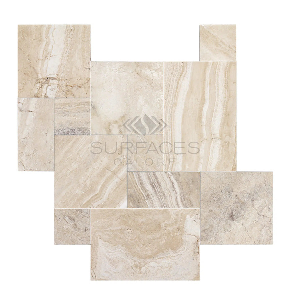 Malibu Premium Travertine 4 pcs Versailles Pattern/French Pattern Set Unfilled and Brushed - Straight - SurfacesGalore