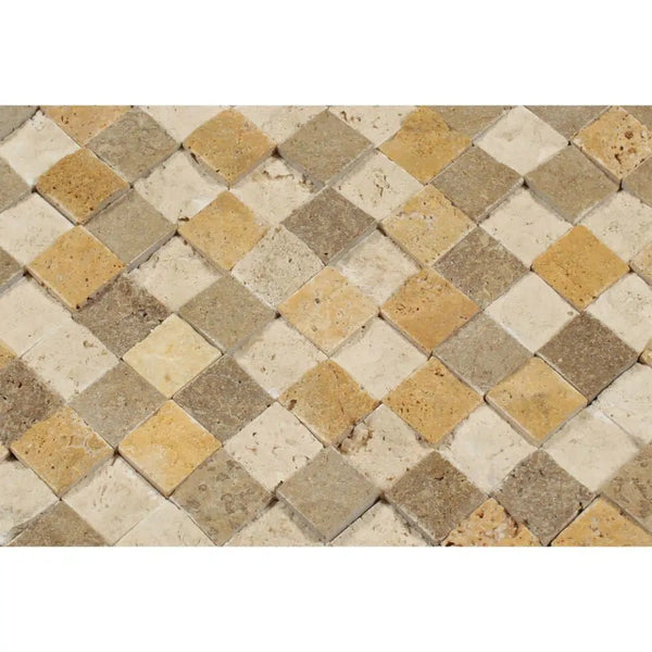 Mixed (Ivory+Noce+Gold) 1X1 Travertine Mosaic Split Faced - SurfacesGalore