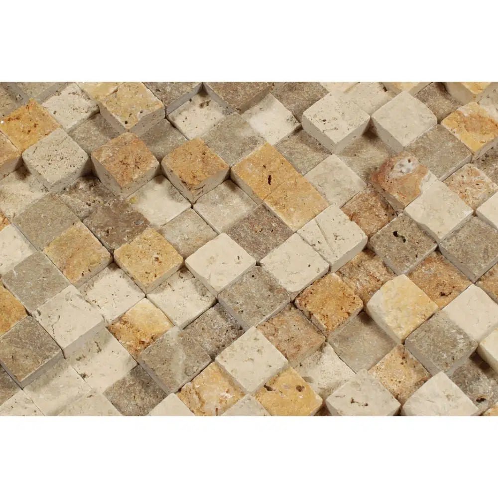 Mixed (Ivory+Noce+Gold) 1X1 Travertine Mosaic Split Faced (Hi - Low) - SurfacesGalore