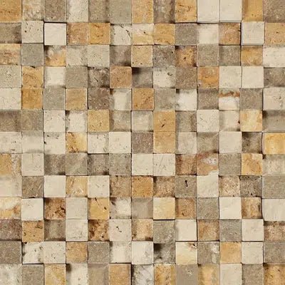 Mixed (Ivory+Noce+Gold) 1X1 Travertine Mosaic Split Faced (Hi - Low) - SurfacesGalore