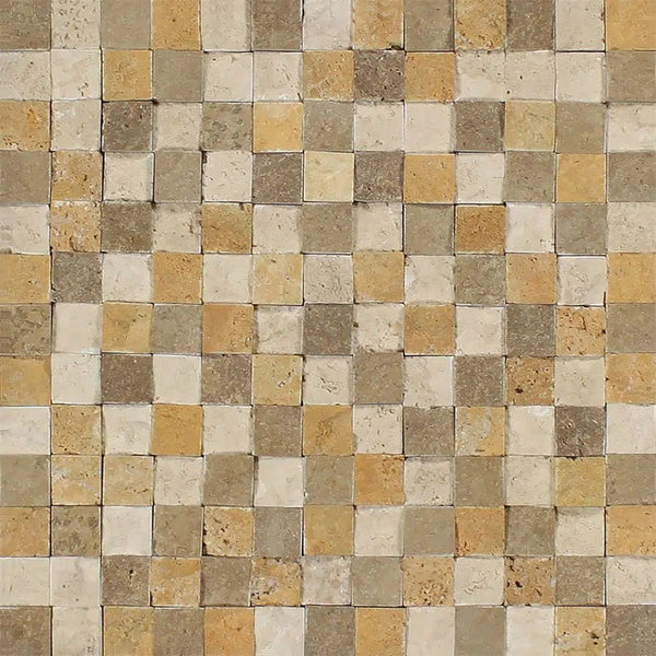 Mixed (Ivory+Noce+Gold) 1X1 Travertine Mosaic Split Faced - SurfacesGalore