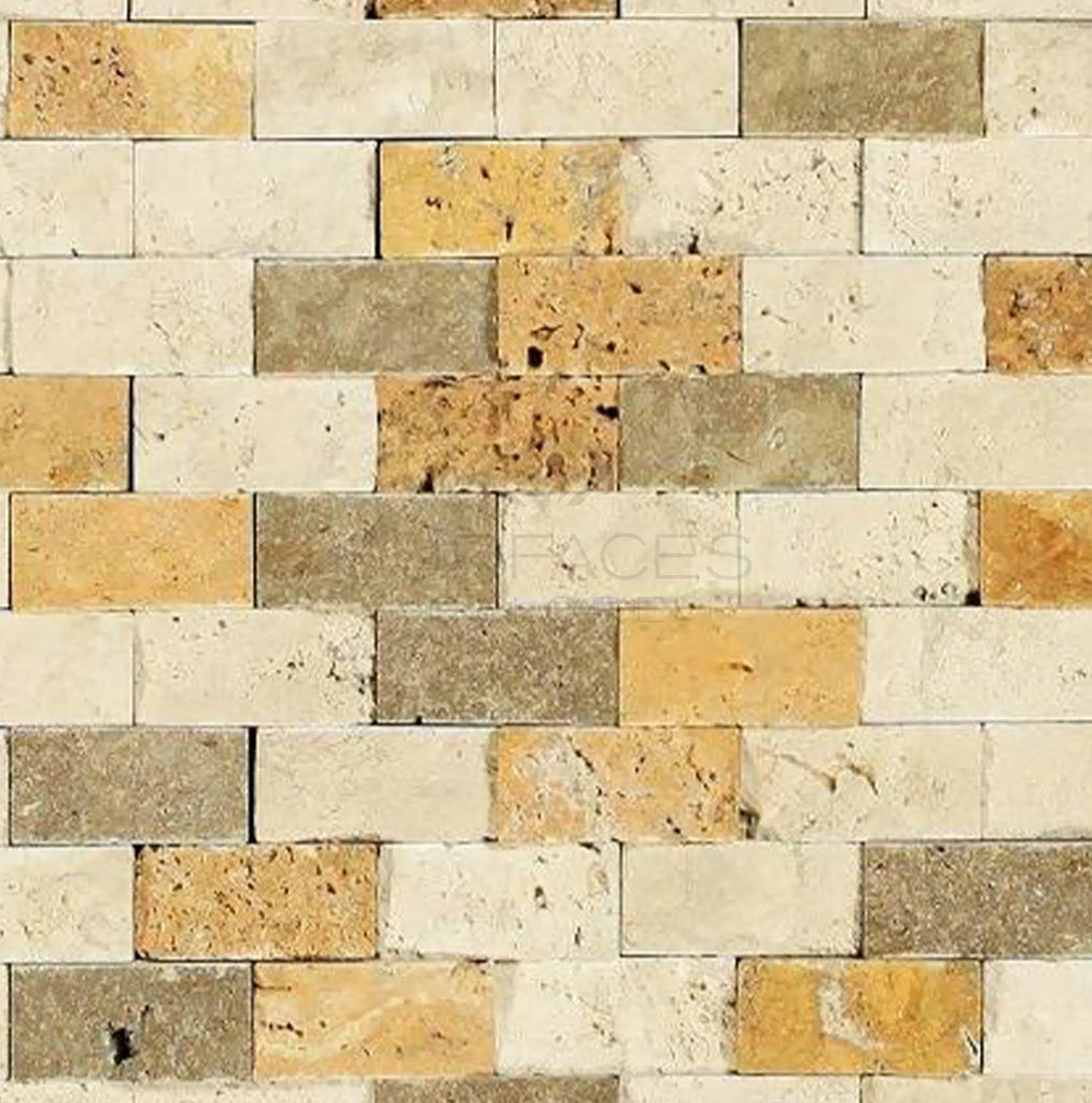 Mixed (Ivory+Noce+Gold) 1X2 Brick Travertine Mosaic Split Faced - SurfacesGalore