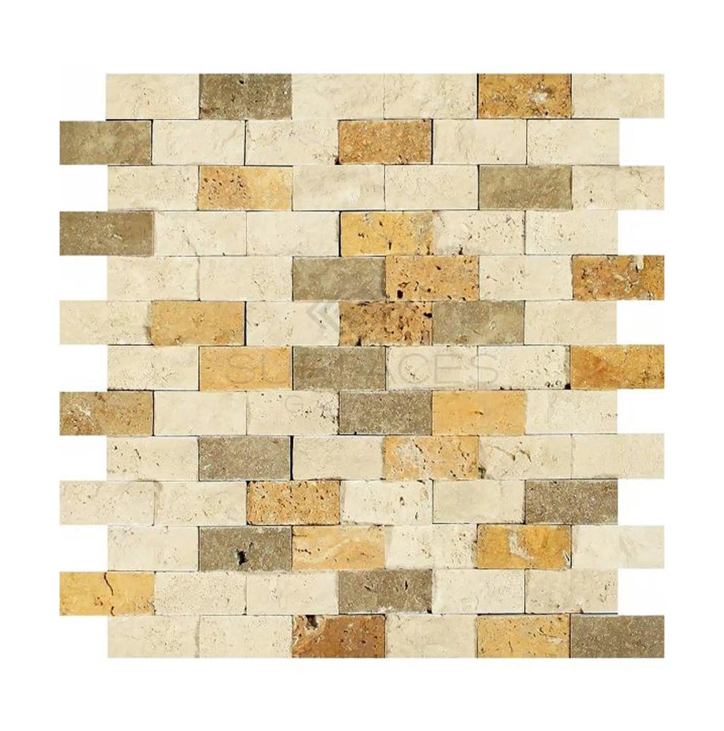 Mixed (Ivory+Noce+Gold) 1X2 Brick Travertine Mosaic Split Faced - SurfacesGalore