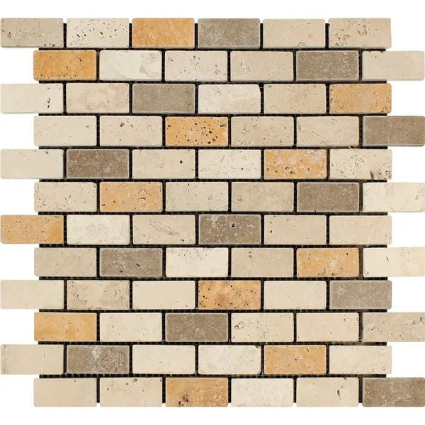 Mixed (Ivory+Noce+Gold) 1X2 Brick Travertine Mosaic Tumbled - SurfacesGalore