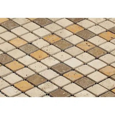 Mixed (Ivory+Noce+Gold) 1X2 Diamond/Rhomboid Travertine Mosaic Tumbled - SurfacesGalore