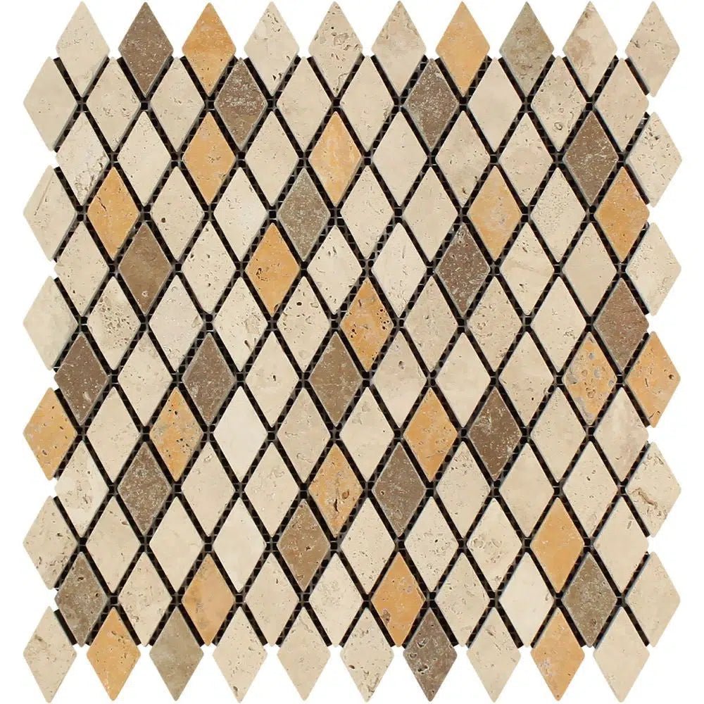 Mixed (Ivory+Noce+Gold) 1X2 Diamond/Rhomboid Travertine Mosaic Tumbled - SurfacesGalore