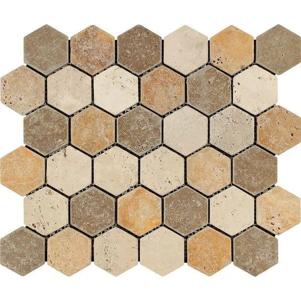 Mixed (Ivory+Noce+Gold) 2X2 Hexagon Travertine Mosaic Tumbled - SurfacesGalore