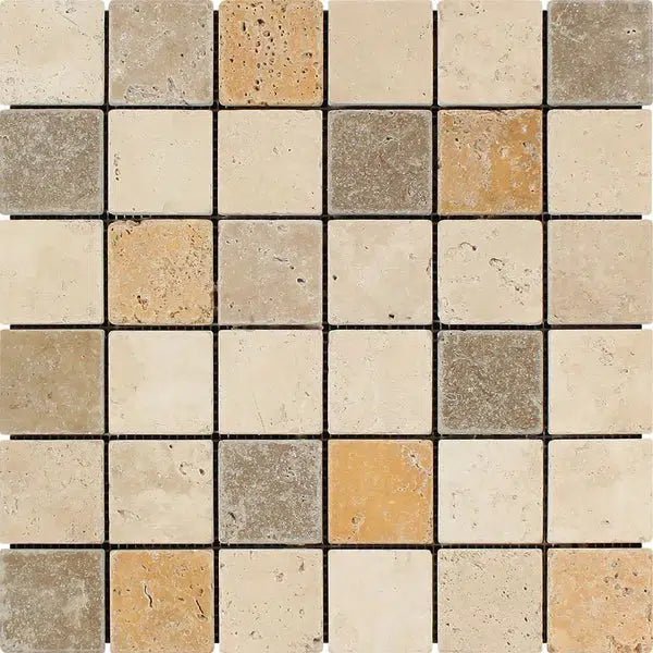 Mixed (Ivory+Noce+Gold) 2X2 Travertine Mosaic Tumbled - SurfacesGalore