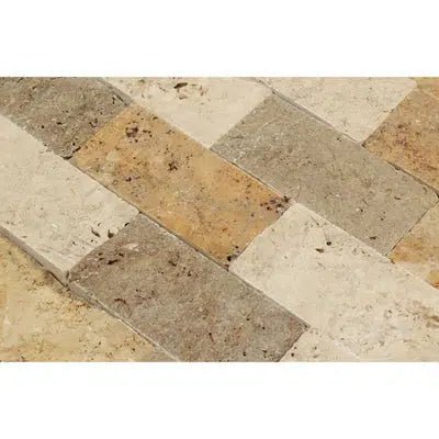 Mixed (Ivory+Noce+Gold) 2X4 Brick Travertine Mosaic Split Faced - SurfacesGalore