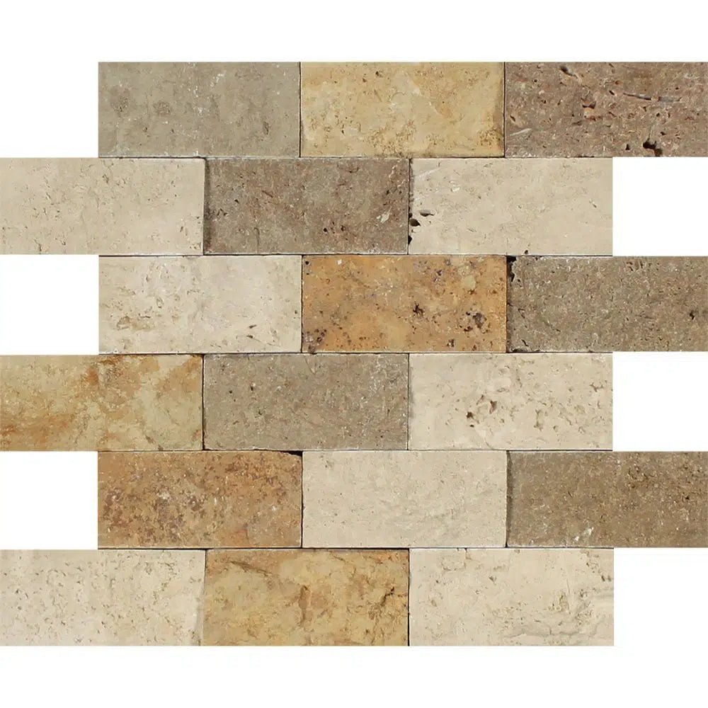 Mixed (Ivory+Noce+Gold) 2X4 Brick Travertine Mosaic Split Faced - SurfacesGalore