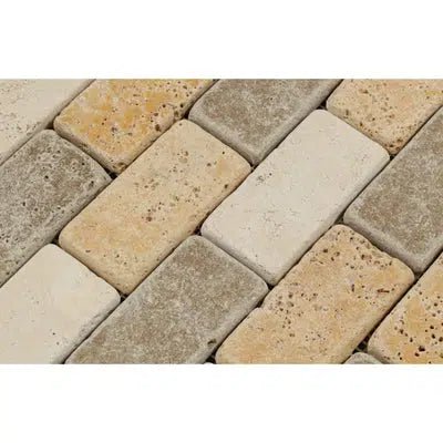 Mixed (Ivory+Noce+Gold) 2X4 Brick Travertine Mosaic Tumbled - SurfacesGalore