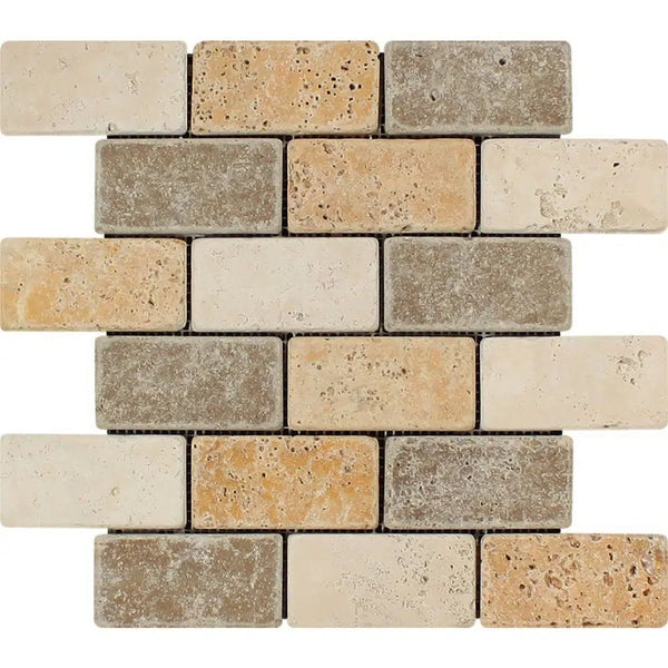 Mixed (Ivory+Noce+Gold) 2X4 Brick Travertine Mosaic Tumbled - SurfacesGalore