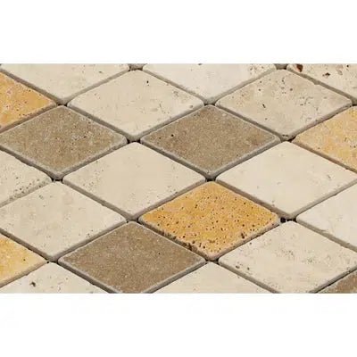 Mixed (Ivory+Noce+Gold) 2X4 Diamond/Rhomboid Travertine Mosaic Tumbled - SurfacesGalore