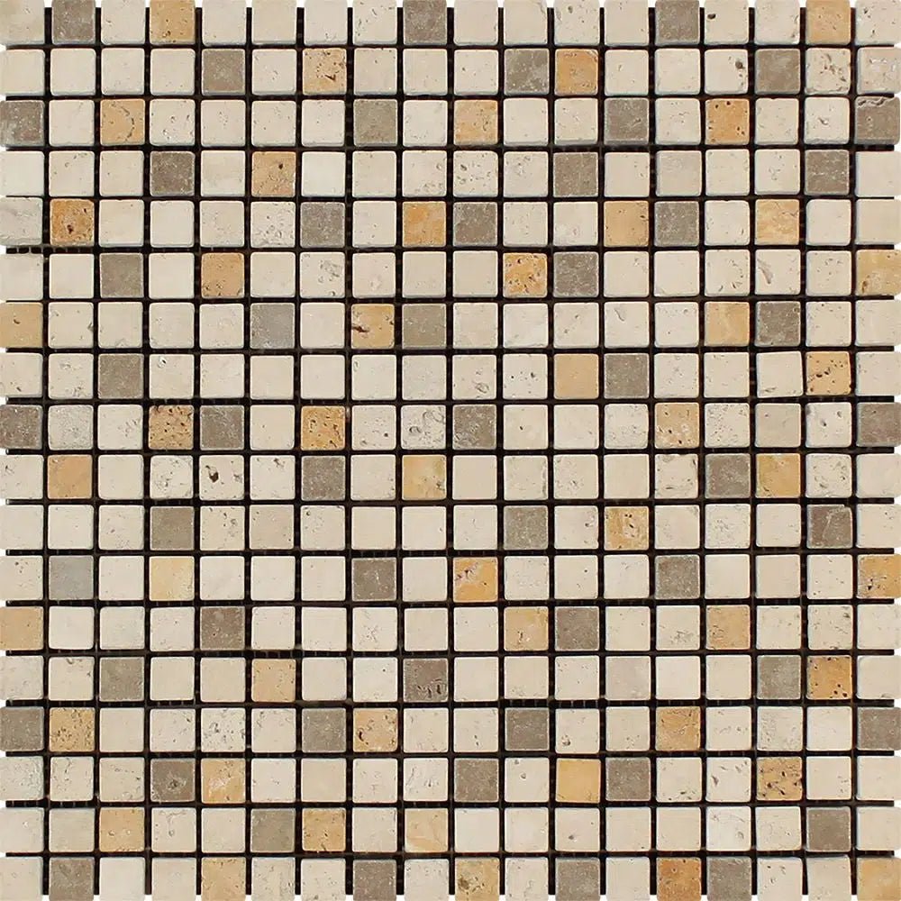 Mixed (Ivory+Noce+Gold) 5/8X5/8 Travertine Mosaic Tumbled - SurfacesGalore