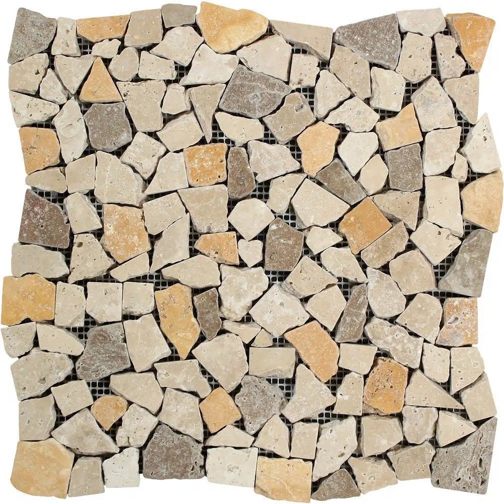 Mixed (Ivory+Noce+Gold) Flat Pebble/Paledian (Random Broken) Travertine Mosaic Tumbled - SurfacesGalore