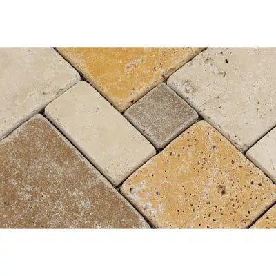 Mixed (Ivory+Noce+Gold) OPUS Mini - Pattern (4 pcs. Interlocking) Travertine Mosaic Tumbled - SurfacesGalore