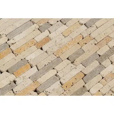 Mixed (Ivory+Noce+Gold) Random Strip Travertine Mosaic Tumbled - SurfacesGalore