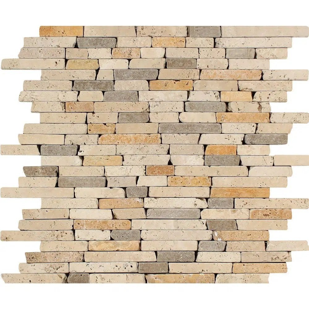 Mixed (Ivory+Noce+Gold) Random Strip Travertine Mosaic Tumbled - SurfacesGalore