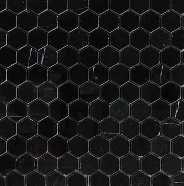 Nero Marquina/Black 1X1 Hexagon Marble Mosaic Polished - Honed - SurfacesGalorePolished