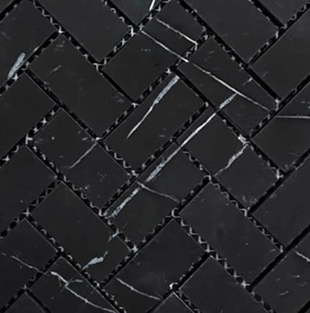 Nero Marquina/Black 1X2 Herringbone Marble Mosaic Polished - Honed - SurfacesGalorePolished